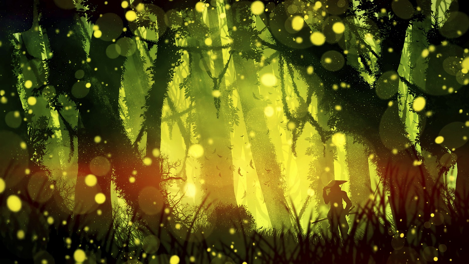 A green forest with fireflies and grass in the foreground (green, nature, water, vegetation, light)