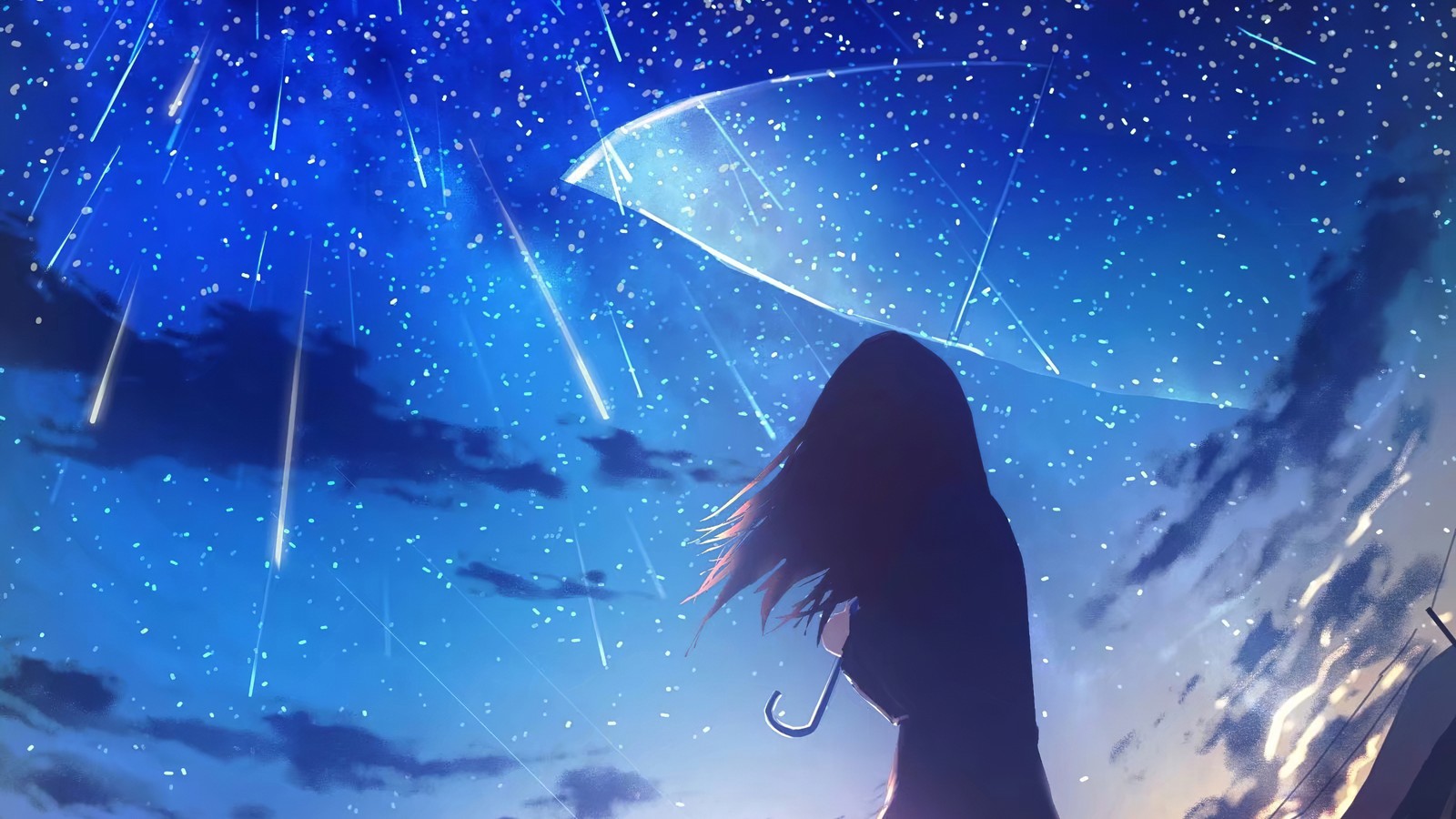 Chica de anime con paraguas mirando las estrellas en el cielo (anime, caricatura, paraguas, atmósfera, mundo)