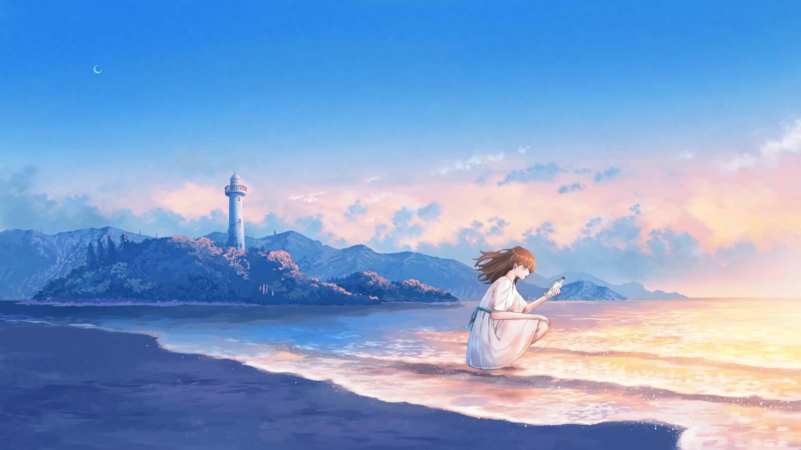 Anime, chica, playa, agua, cielo, montañas, nubes, atardecer, faro (atardecer, playa, ola, escenario, niñas de anime)