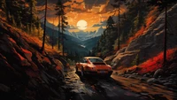 Sunset Drive Through a Serene Forest Landscape