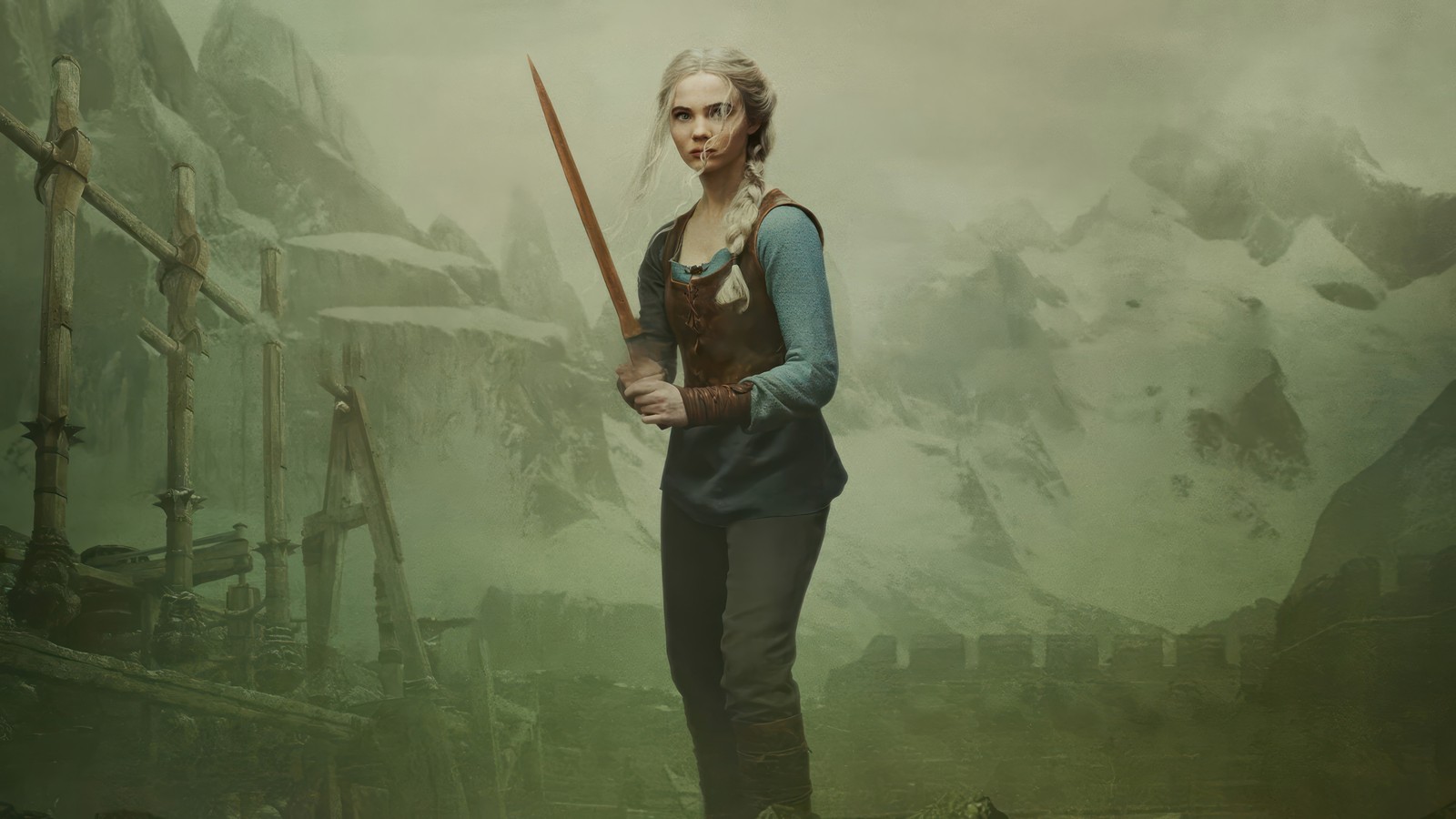 Arafed image of a woman with a sword standing in front of a mountain (the witcher, netflix, tv series, ciri, freya allan)