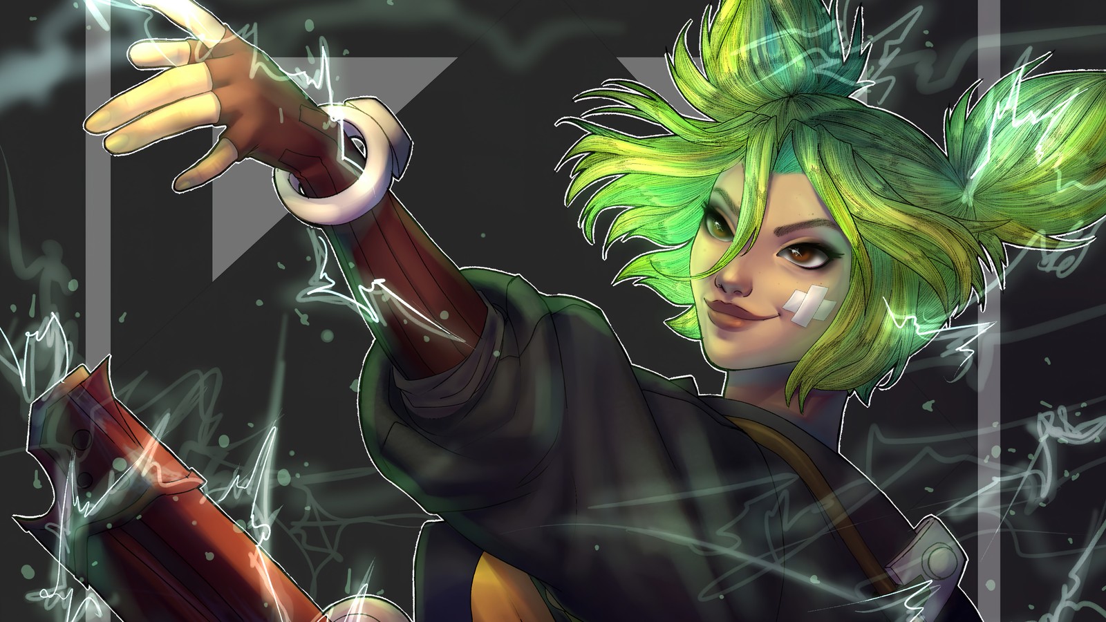 A close up of a person holding a gun in a dark room (zeri, lol, league of legends, video game, art)