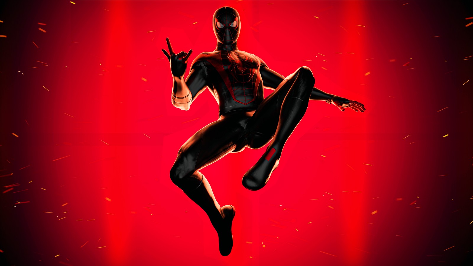 Spider-man dans un costume rouge volant dans les airs (marvels spider man miles morales, mode photo, playstation 5, jeux 2020, 2020 games)