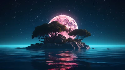 Moonlit Island Oasis Under a Starry Sky