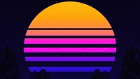 Neon Sonnenuntergang mit Farbverlaufstreifen und geometrischen Bergen