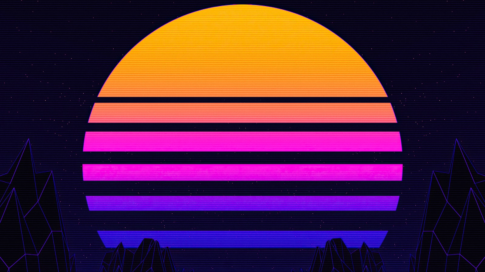 Um pôr do sol de estilo retrô com montanhas e árvores ao fundo (fundo gradiente, arte retrowave, por do sol, arte neon, outrun)