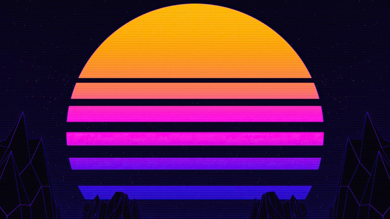 Um pôr do sol de estilo retrô com montanhas e árvores ao fundo (fundo gradiente, arte retrowave, por do sol, arte neon, outrun)