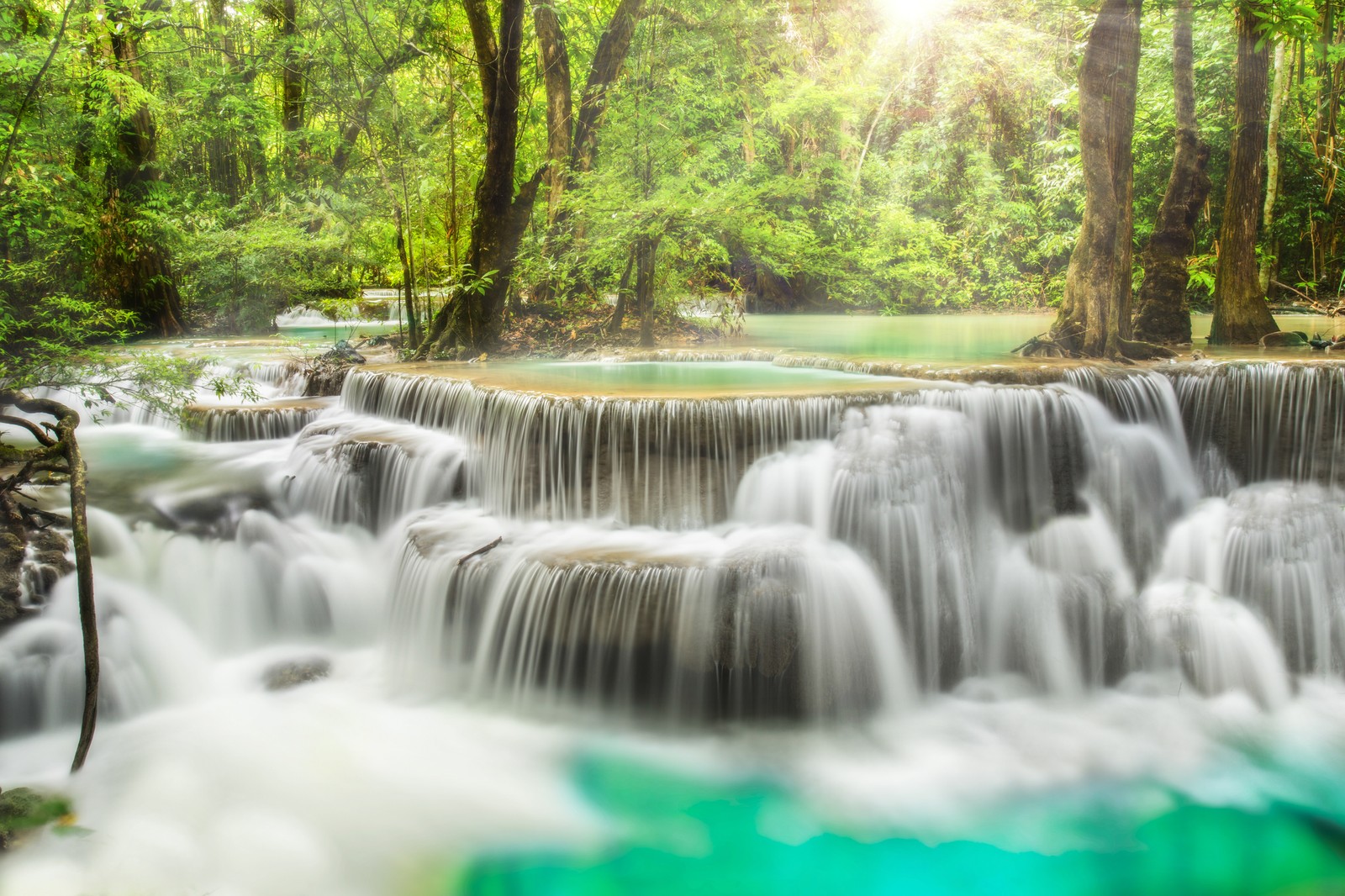 Um close de uma cascata com muita água (cachoeiras erawan, cachoeira, floresta, primavera, floresta tropical)