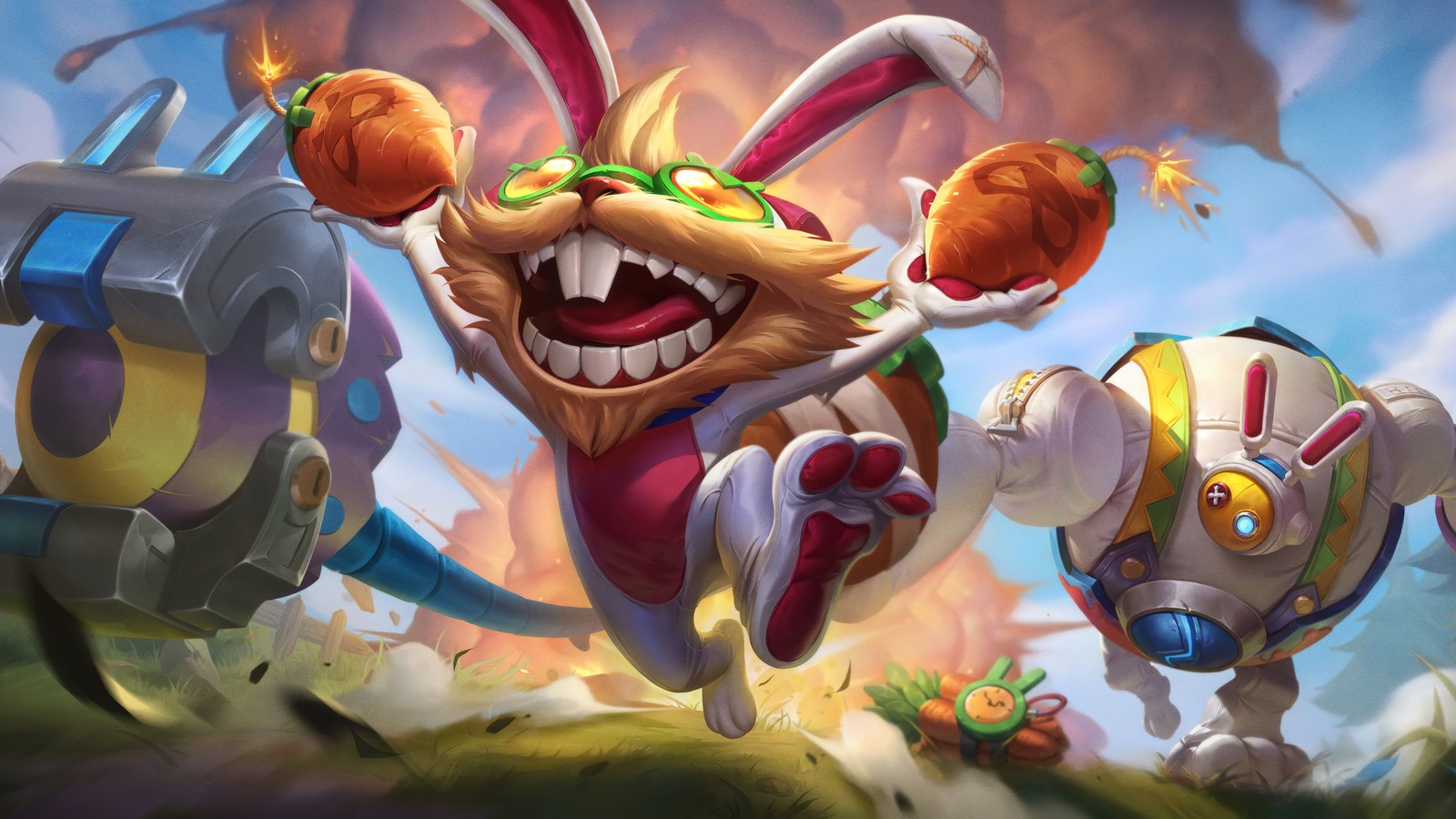 Una imagen de un conejo de dibujos animados corriendo con un manojo de zanahorias (cottontail, ziggs, blitzcrank, piel, lol wild rift)