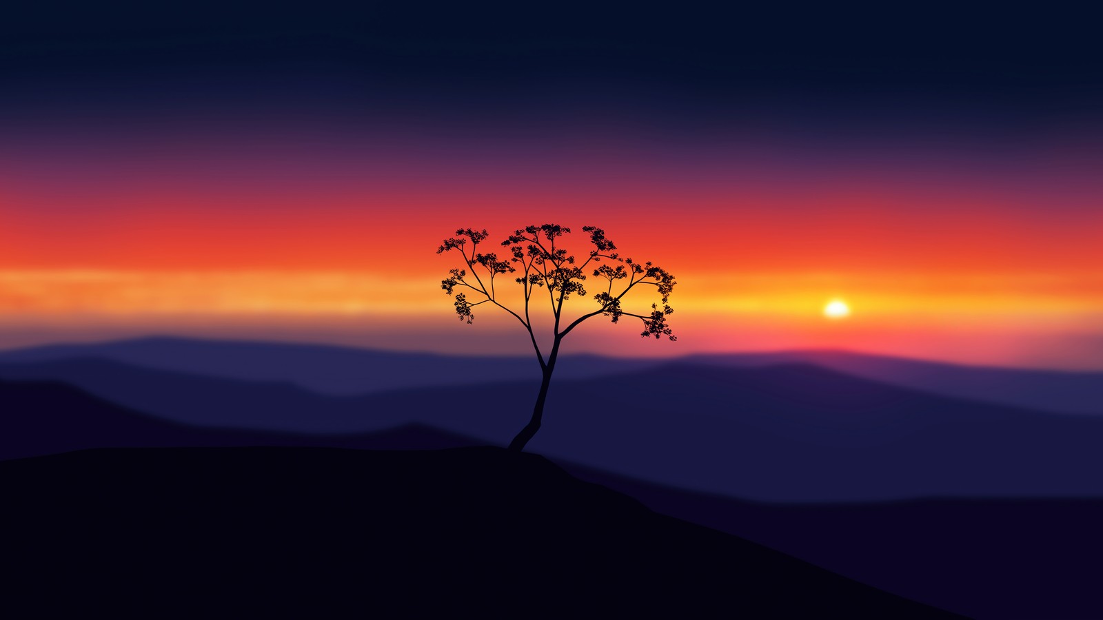 Un arbre solitaire sur une colline avec un coucher de soleil en arrière-plan (coucher de soleil, paysage, art numérique)