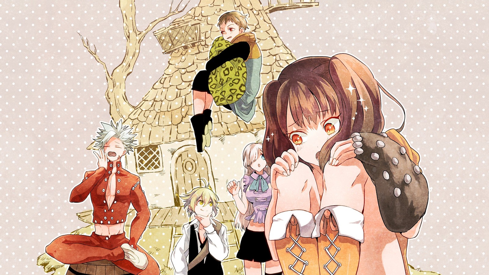 Personajes de anime de pie frente a una casa con un árbol (nanatsu no taizai, los siete pecados capitales, the seven deadly sins, anime, 七つの大罪)