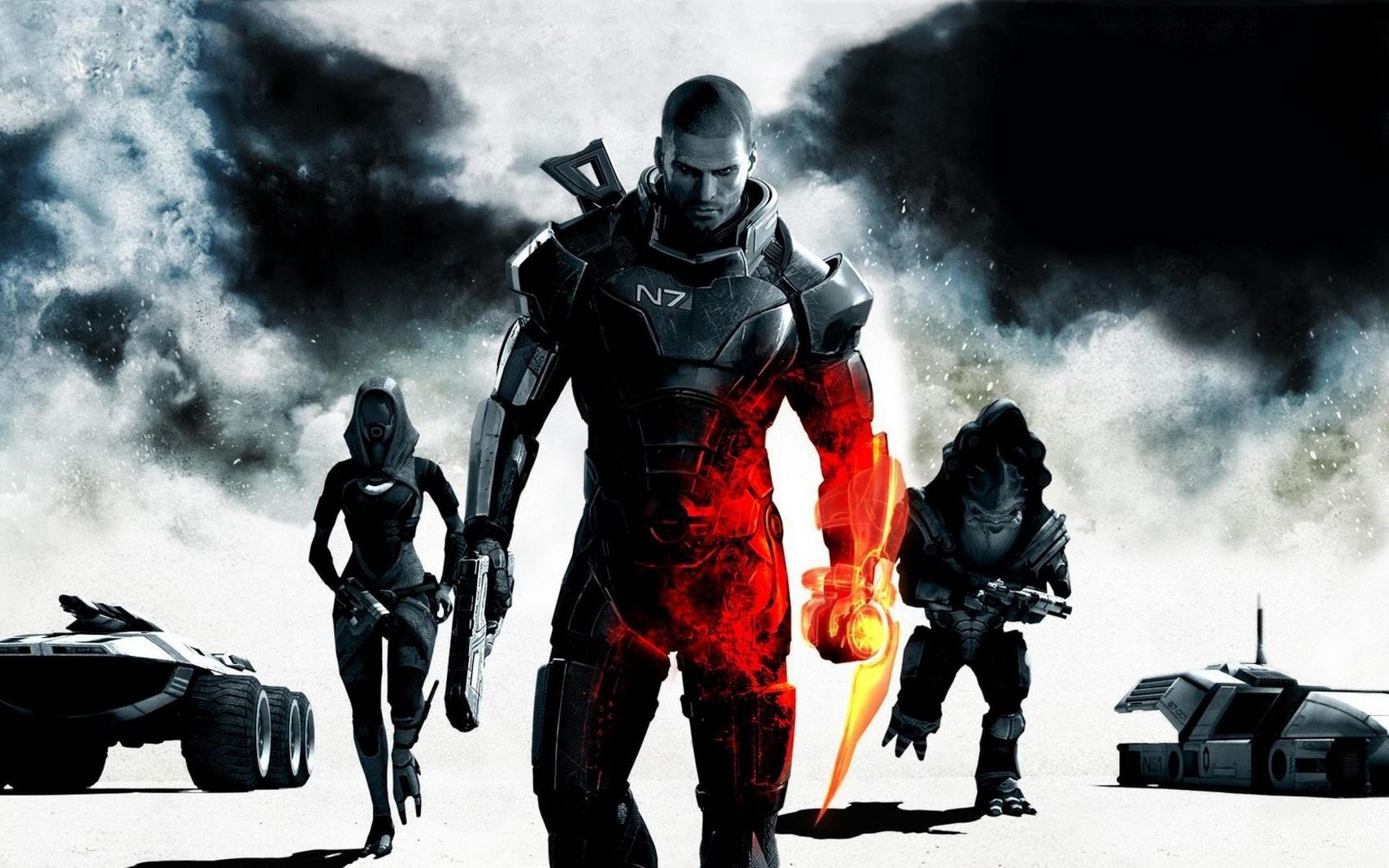 Un grupo de personas de pie frente a un coche con fuego (mass effect 2, superhéroe, película, película de acción, juegos)