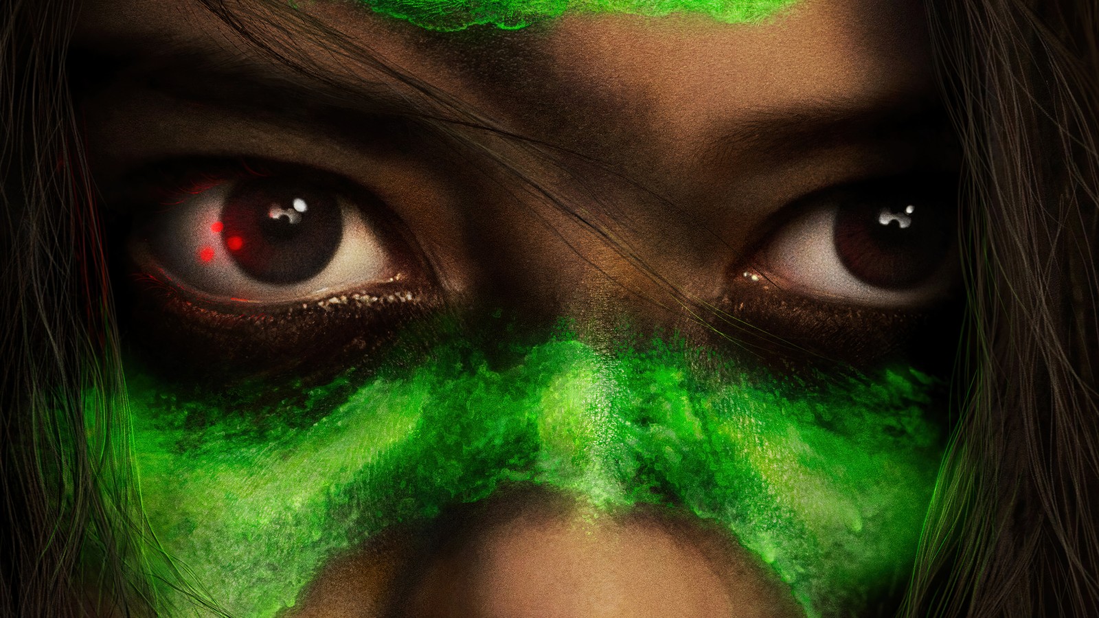 Un gros plan d'une femme avec du maquillage vert et un masque vert (prey 2022, hulu, film, affiche)