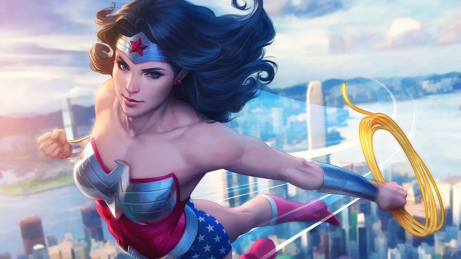 A woman in a wonder costume flying over a city (wonder woman, dc comics, comics)