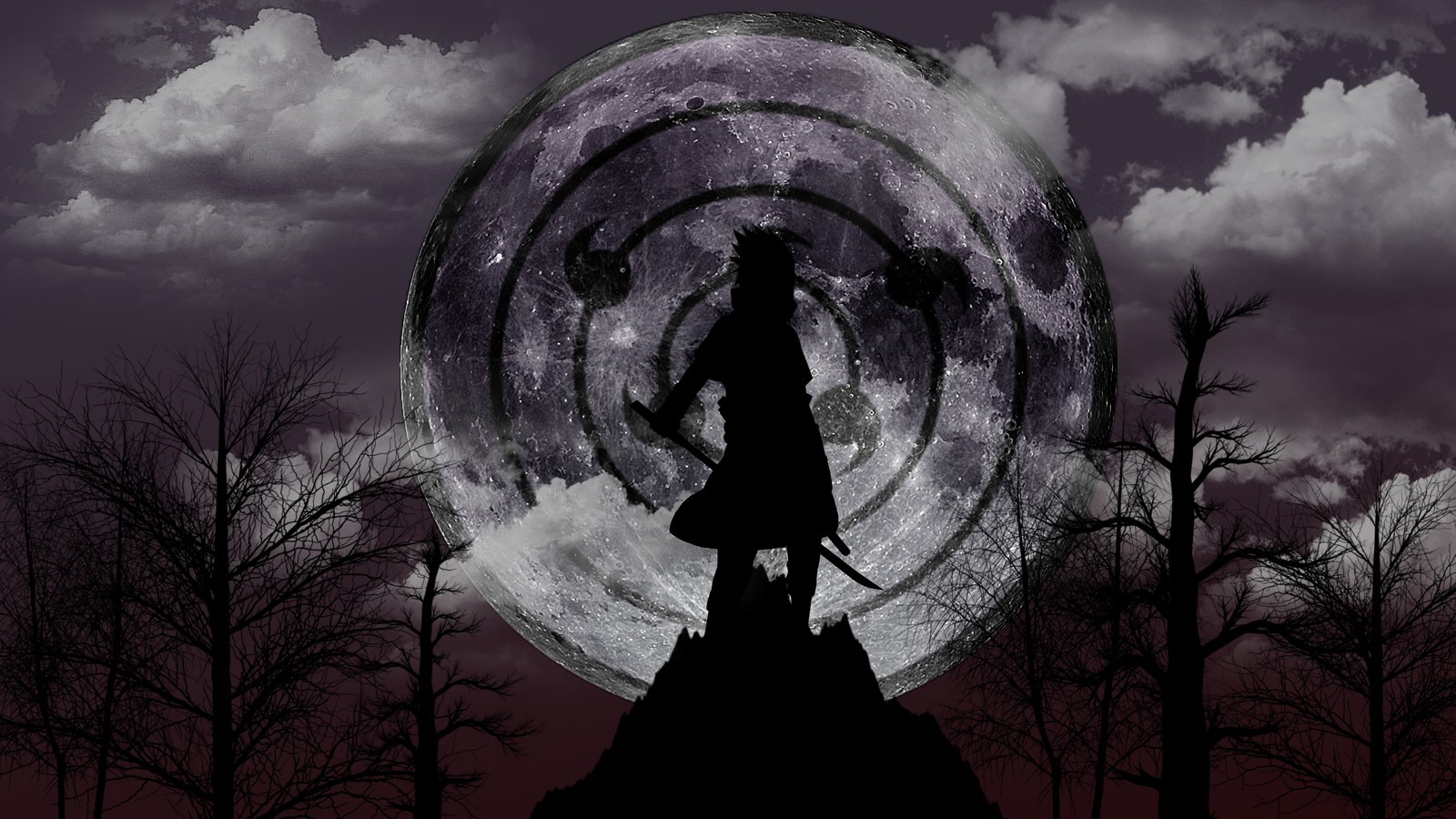 Imagen de arafed de un hombre de pie en una colina con una espada frente a una luna llena (sasuke uchiha, rinnegan, sharingan, anime naruto, naruto anime)