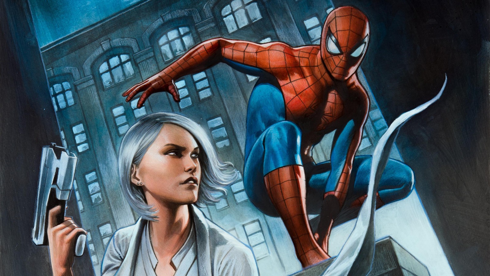 Spider-man et une femme aux cheveux argentés tenant des armes devant un bâtiment (art, super héros, fiction, personnage fictif, spider man new generation)