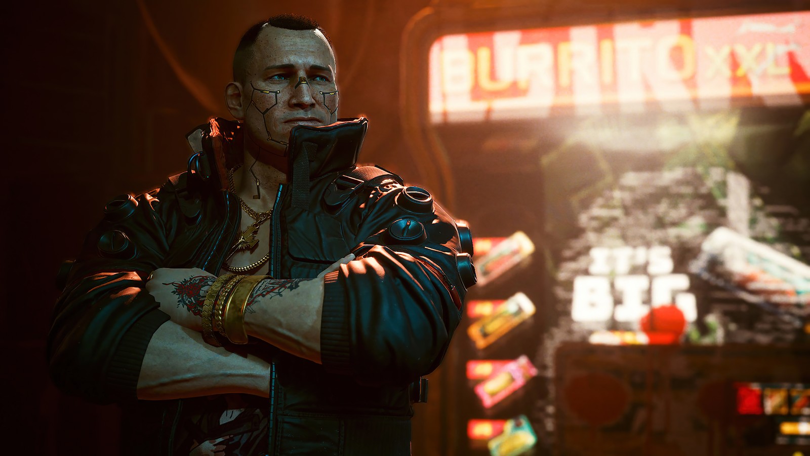 Un homme en cuir se tenant devant un panneau néon (cyberpunk 2077, jeu vidéo, jackie welles)