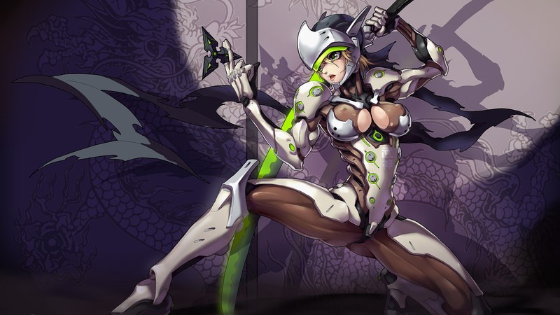 Женщина в бело-зеленом наряде держит меч (генжи, genji, девочки, overwatch, видеоигра)