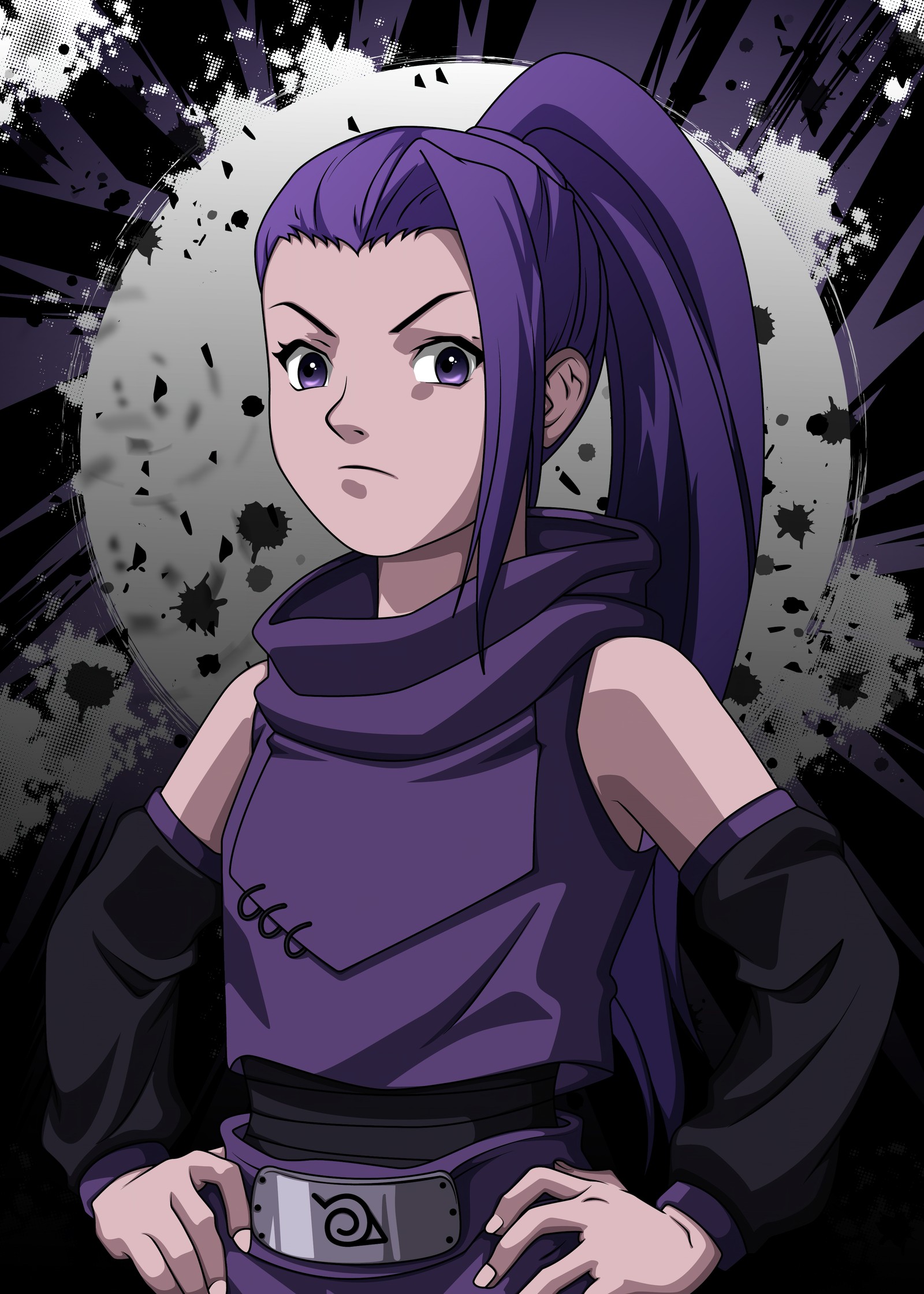 Chica de anime con cabello púrpura y atuendo negro frente a una luna llena (ino yamanaka, naruto, 5k, anime, fondo de pantalla 4k)