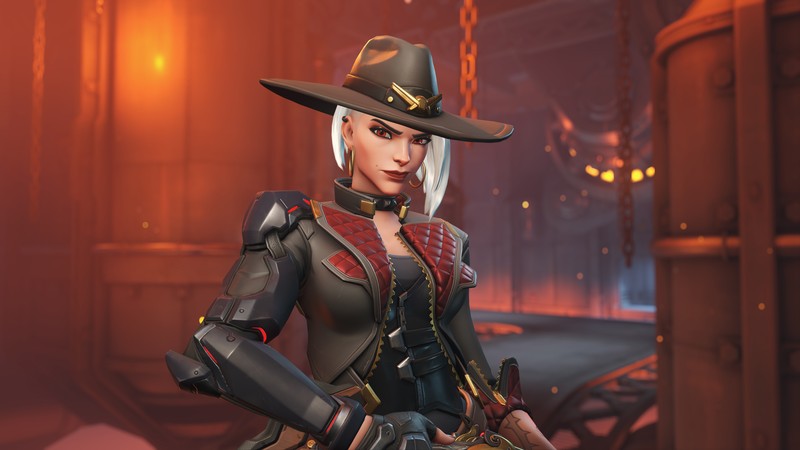 Женщина в шляпе и кожаном наряде, стоящая в комнате (ashe, overwatch 2, видеоигра)