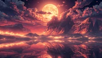 volcanic, moon, burning sky, ethereal, dreamlike