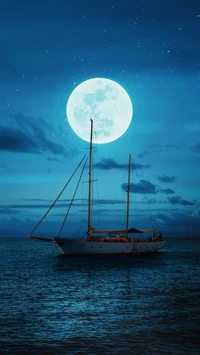 Navegación Sereno a la Luz de la Luna: Un Barco Tranquilo en Aguas Azules