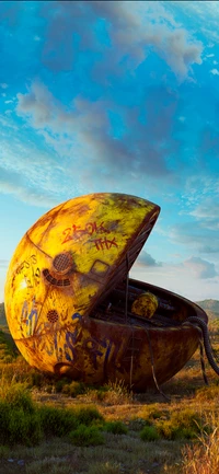 Post-Apocalyptic Serenity: A Graffiti-Covered Sphere Amidst Nature's Reclamation