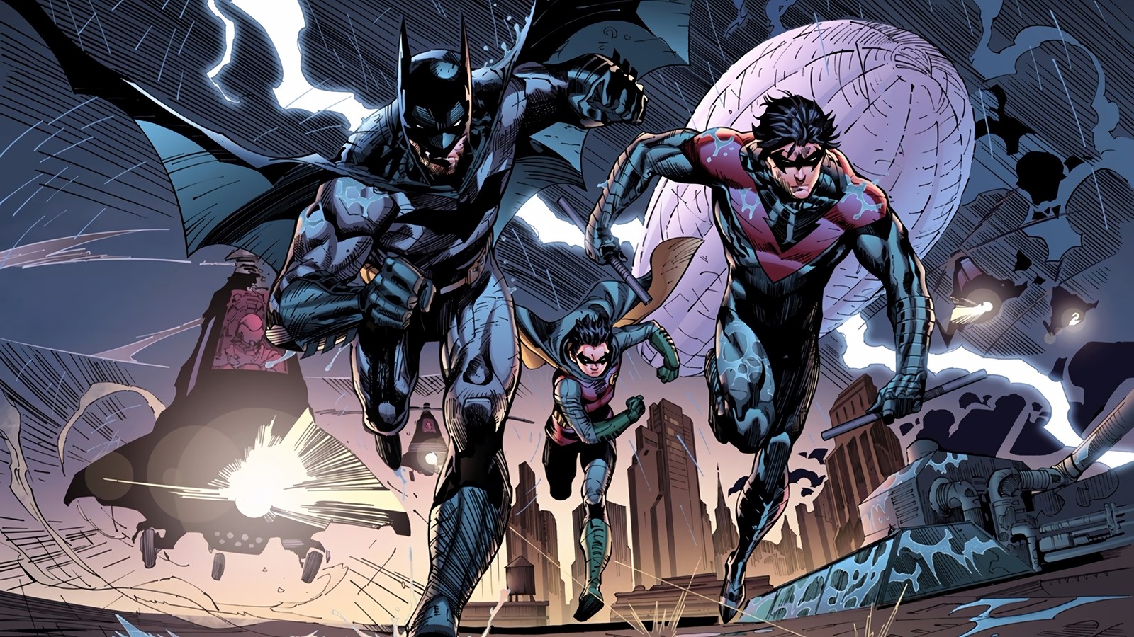 Batman and robin wayne flying over a city with lightning (batman, nightwing, robin, dc comics, comics)