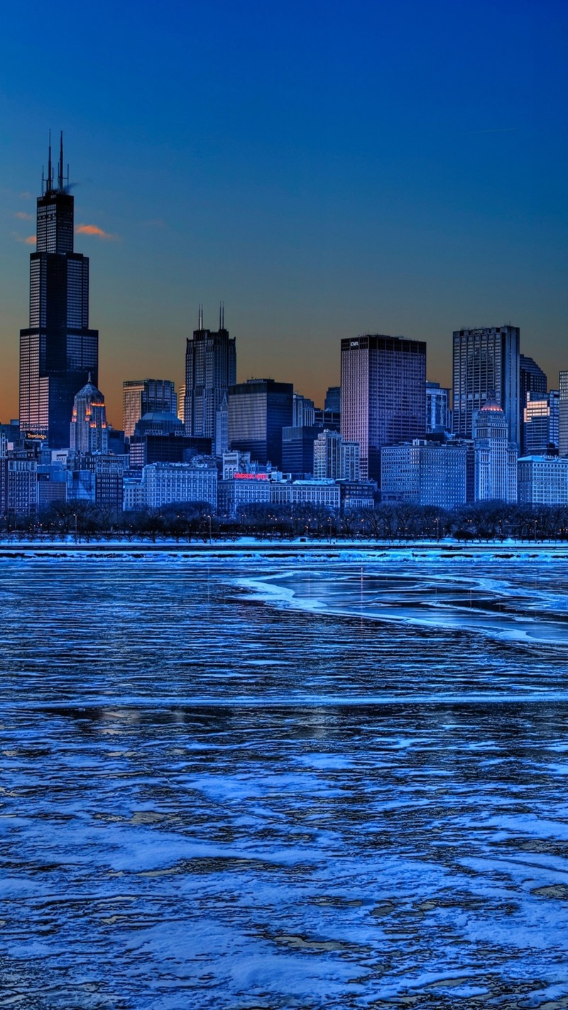 Панорамный вид на городской горизонт с водоемом на переднем плане (чикаго, chicago, вода, достопримечательность, городская территория)