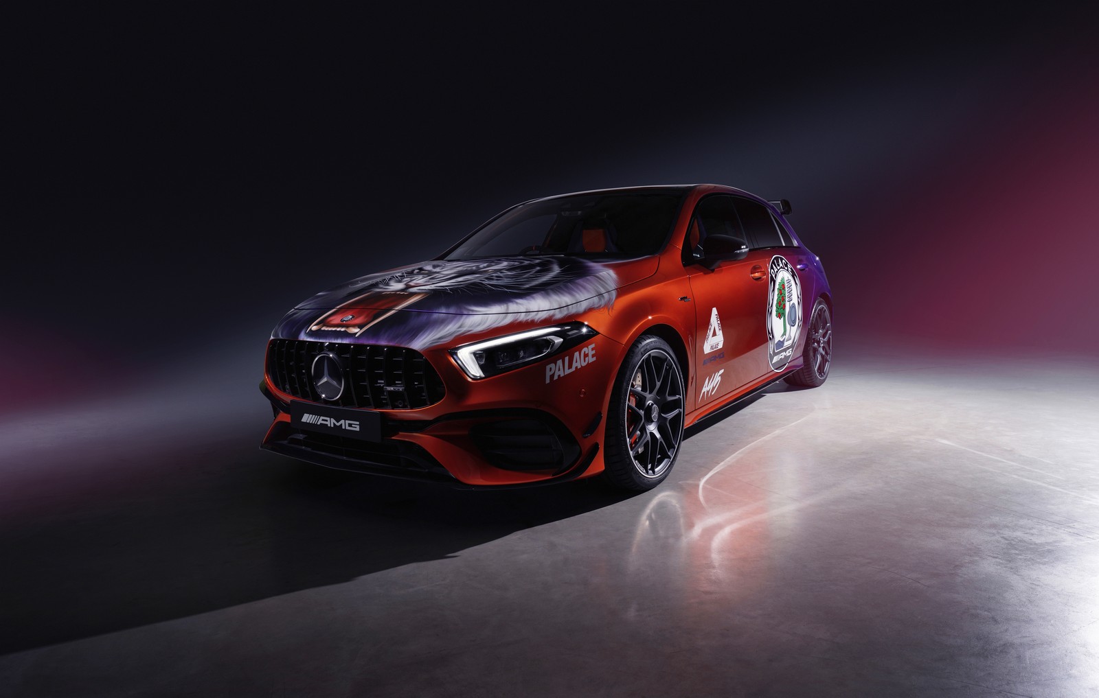 The mercedes amg gts is shown in a dark room (mercedes amg a 45 s 4matic palace skateboards art car, 2022, 5k, cars, 4k wallpaper)