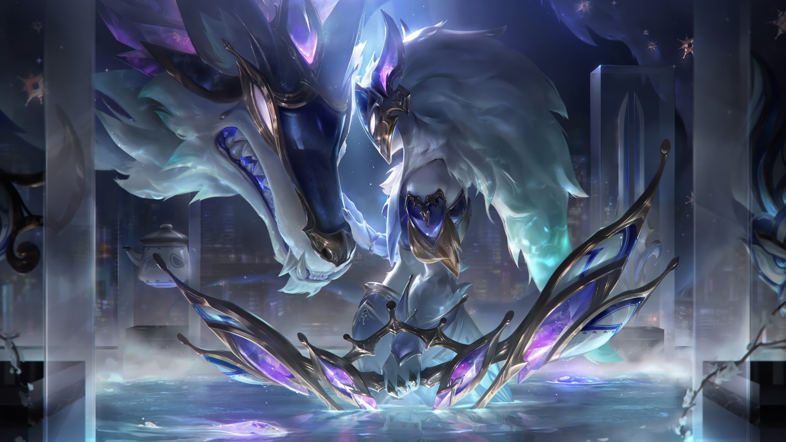 A close up of a horse with a large body of water (porcelain, kindred, prestige edition, skin, league of legends)