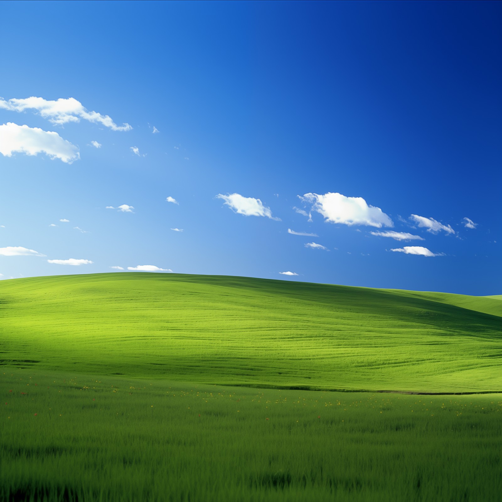 Arafed green field with a lone tree in the middle of it (windows xp, landscape, bliss, blue sky, green landscape)