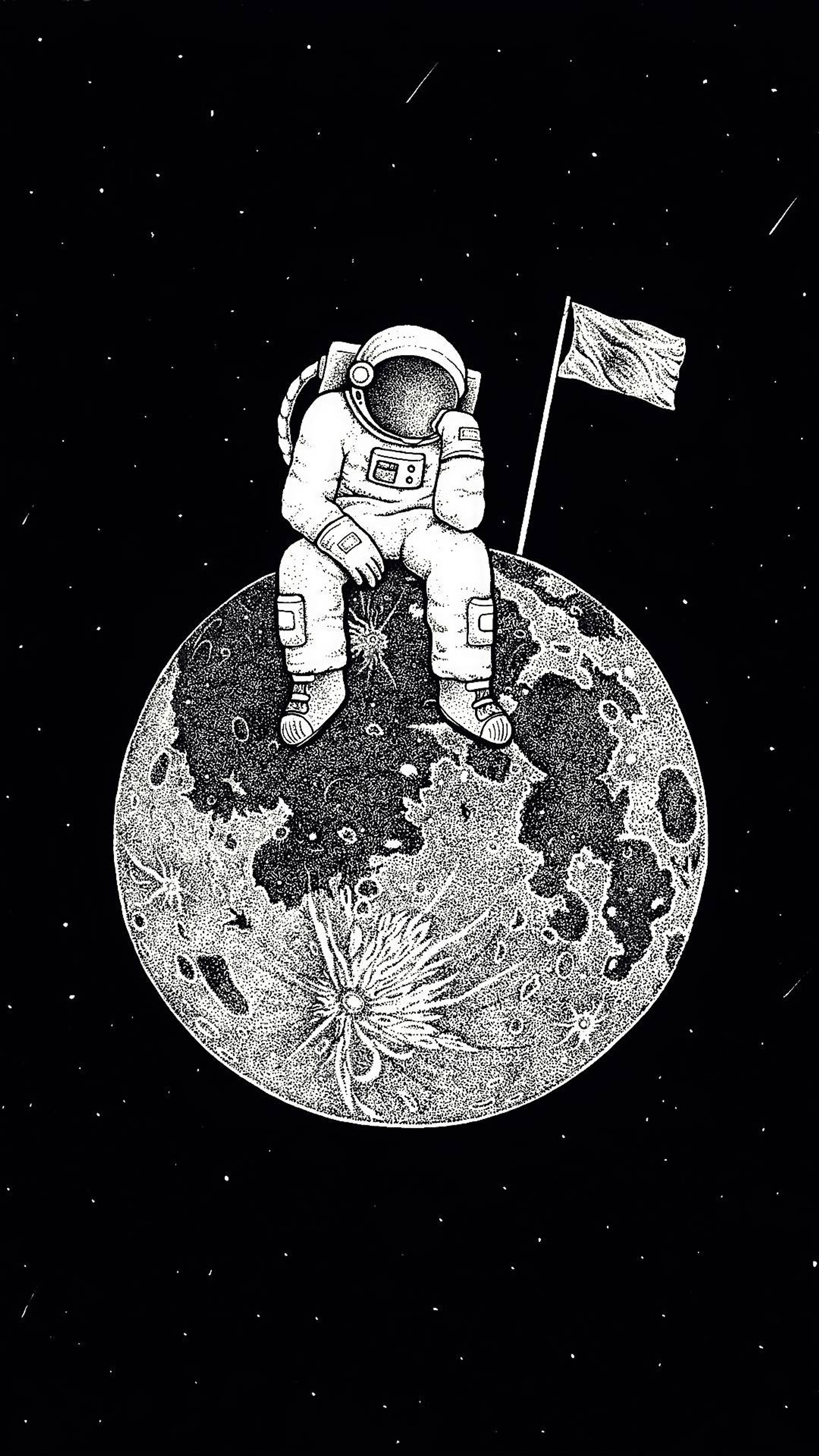 Un astronaute sur la lune avec un drapeau et un mât (astronut, drapeau, logo, tondeuse, police)