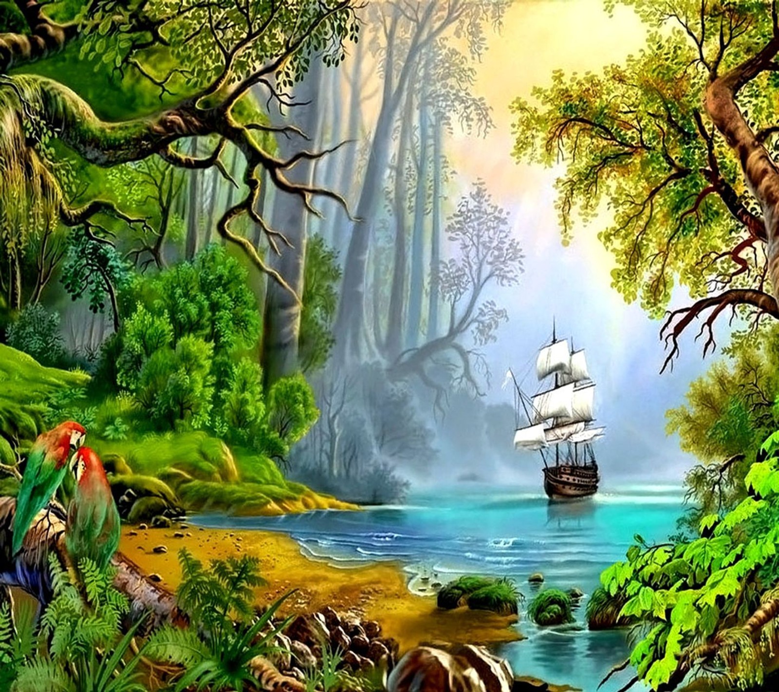 Painting of a boat in a tropical forest with a waterfall (jungle, leaf, leaves, nature, nice)