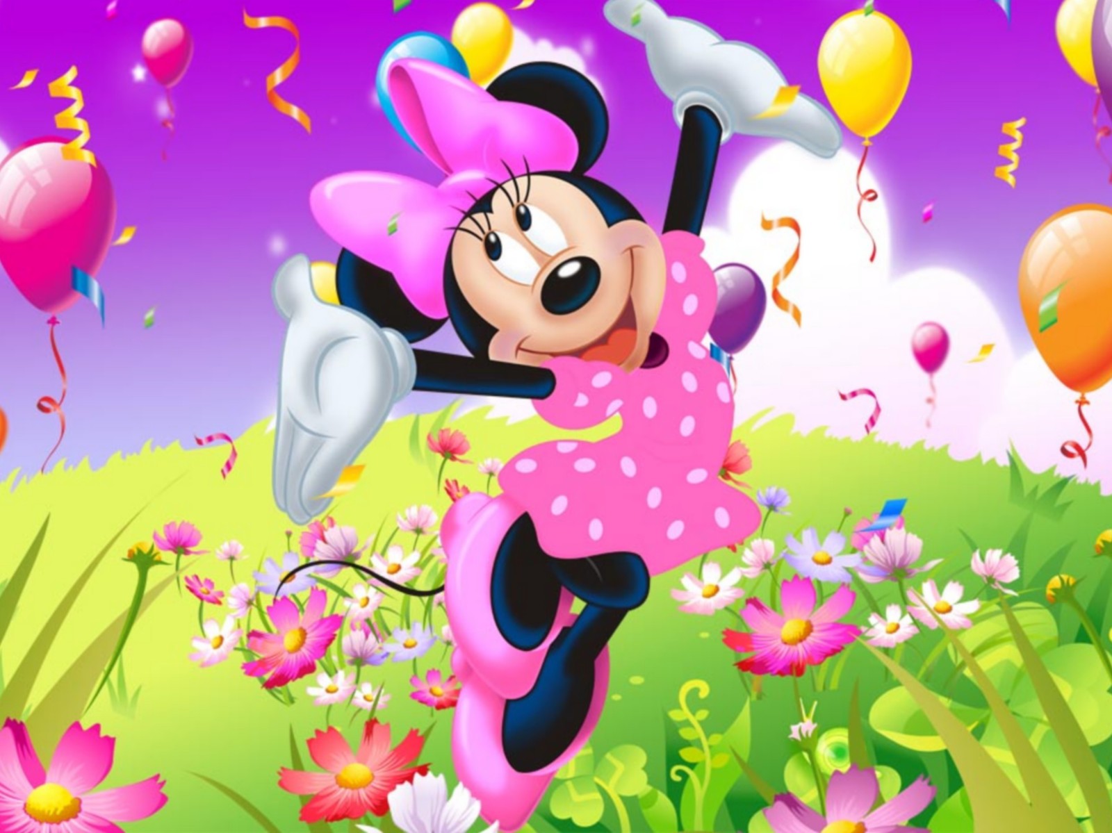 balloons, disney, happy, meadow, minnie mouse Download Wallpaper