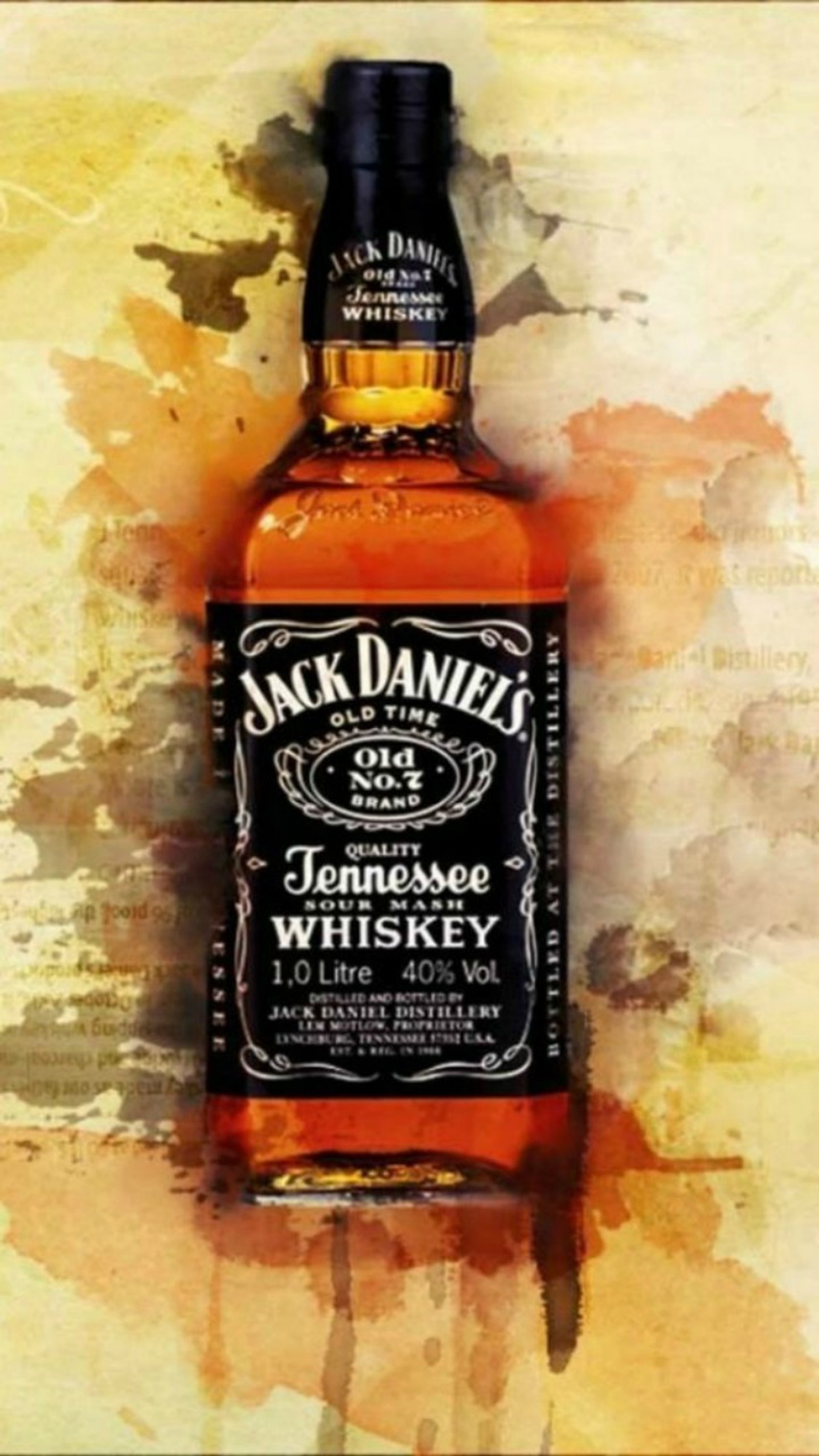 Gemälde einer flasche jack daniels whiskey auf einem tisch (alkohol, marke, jack daniels, logo, whiskey)