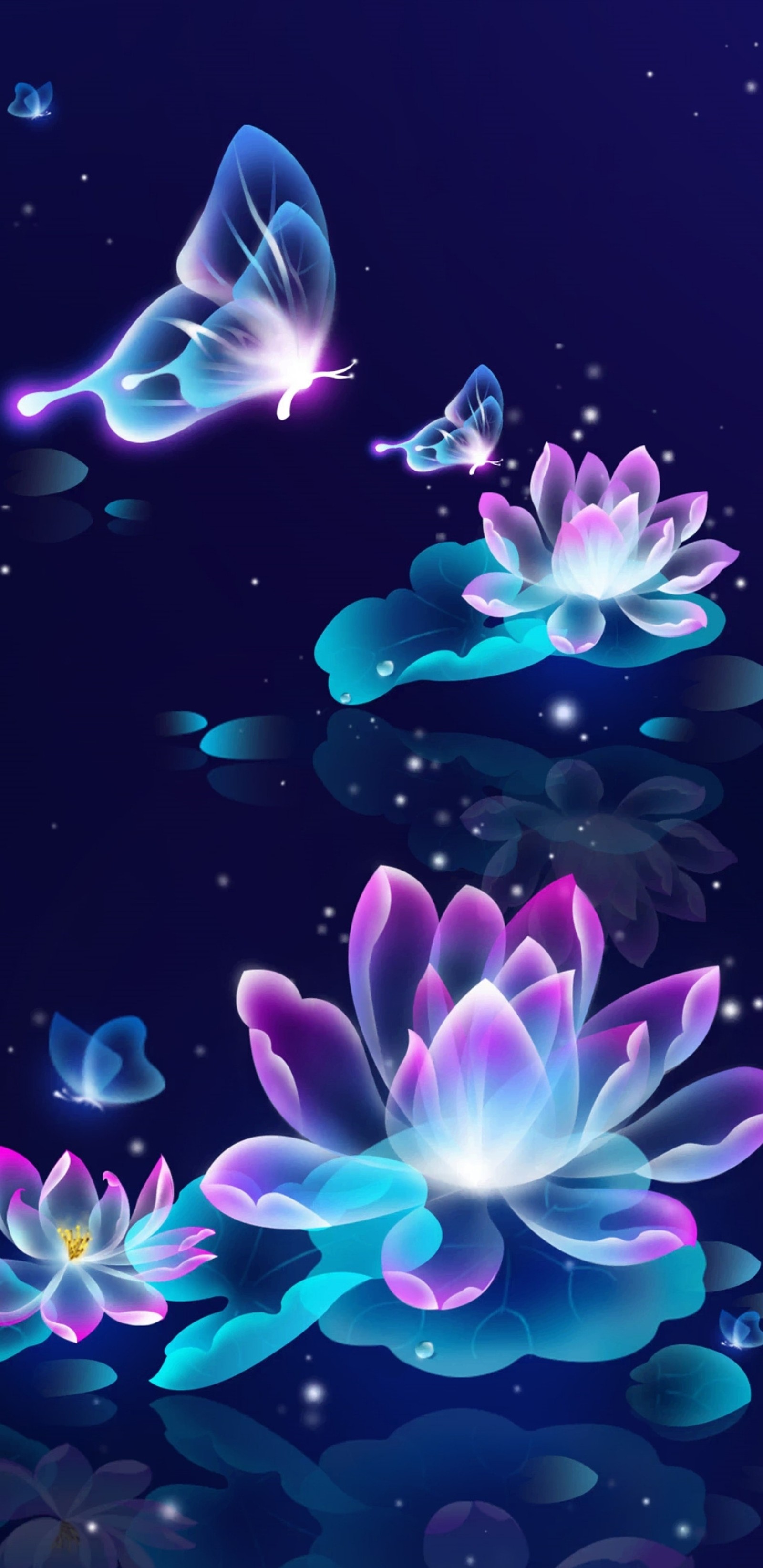 Butterflies and flowers floating on water with blue background (blue, butterfly, colourful, flower, flowers)