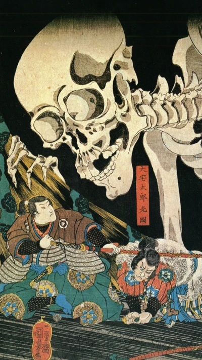 Samurai konfrontiert ein Titan-Skelett in einem Kampf um Leben und Tod