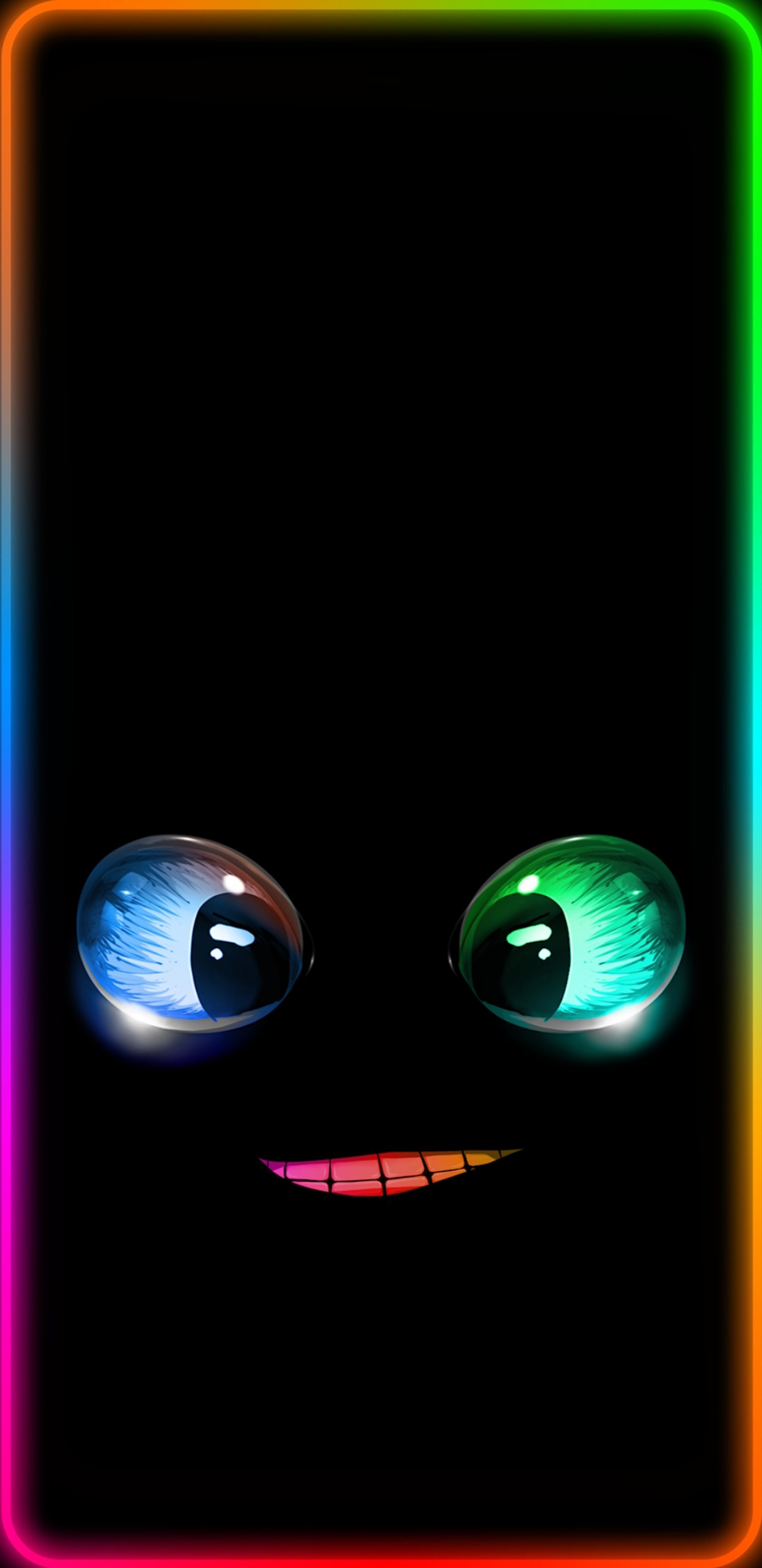 There is a neon frame with two eyes and a glowing smile (colourful, face, funny, neon)