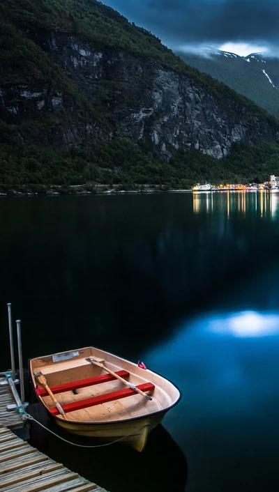 bleu, bateau, lac, montagne