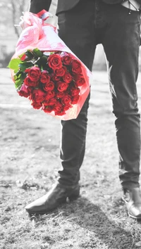 Romantic Gesture: A Man Holding a Bouquet of Red Roses