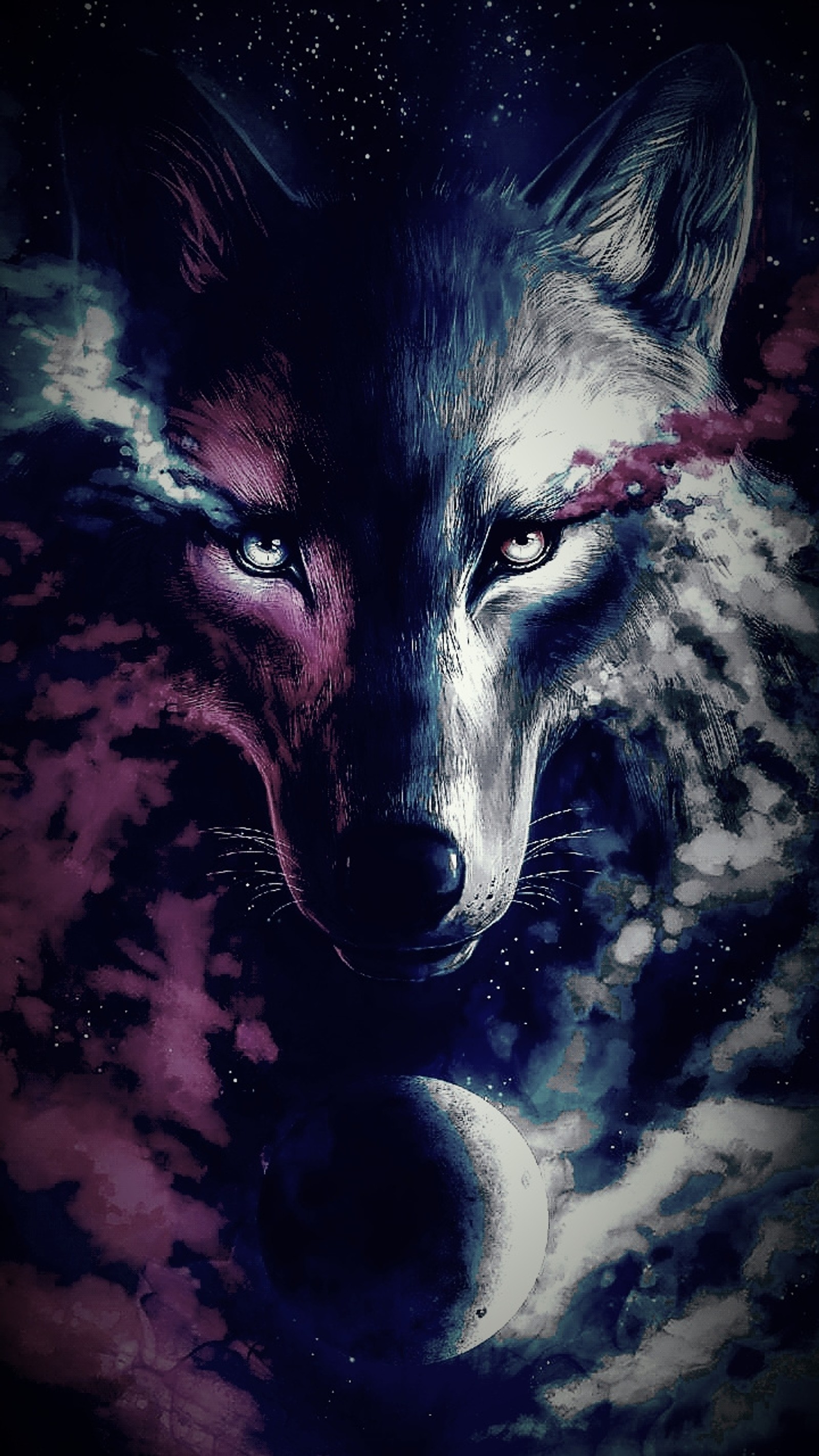 Una pintura de un lobo con una luna de fondo (azul, galaxia, rosa, lobo)