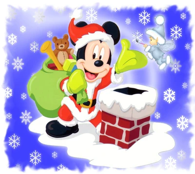 Mickey Mouse als Weihnachtsmann, der fröhlich festliche Stimmung verbreitet