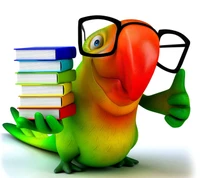 A cheerful parrot in glasses giving a thumbs up while holding a stack of colorful books.