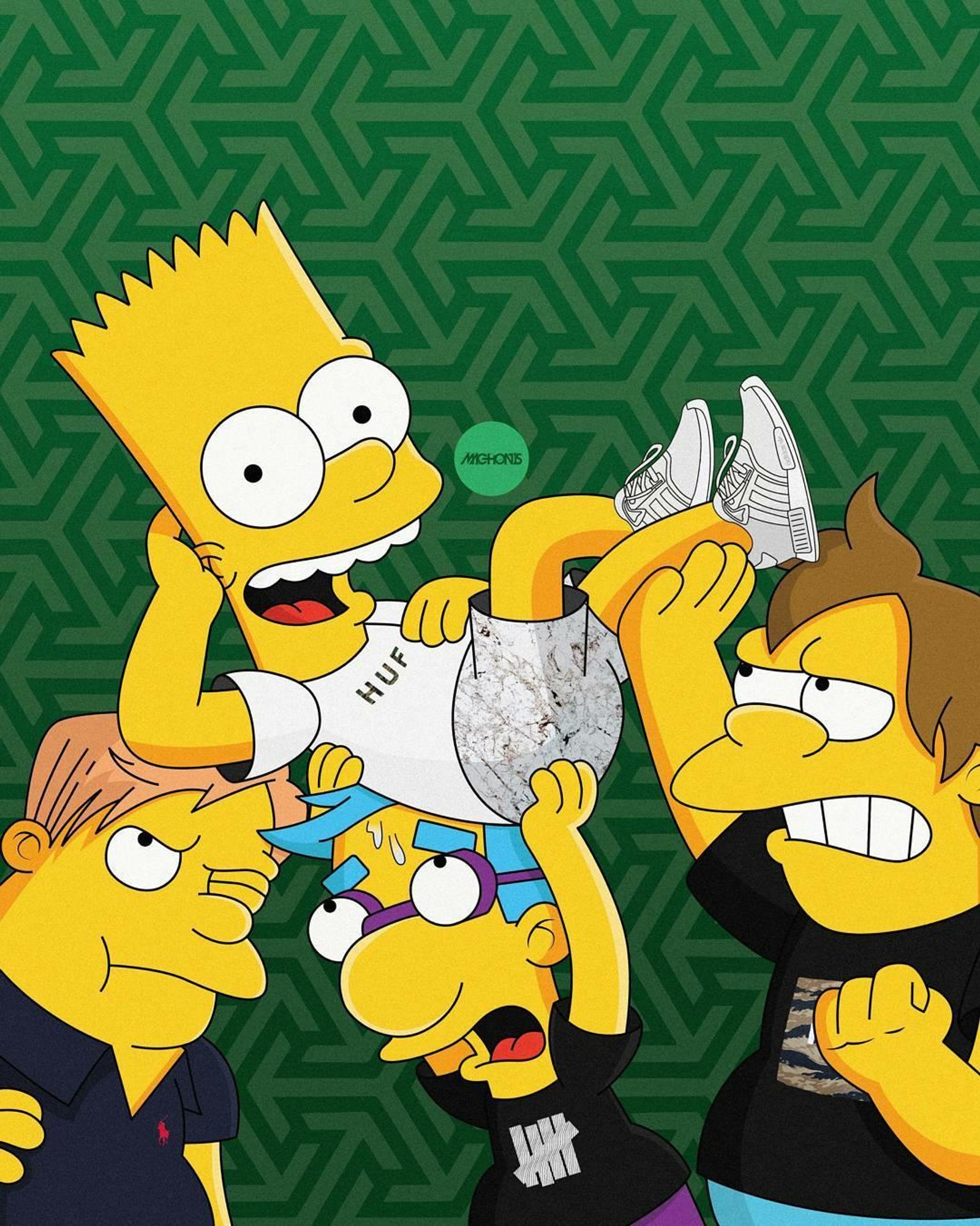 Les personnages des simpson se tiennent en ligne avec un homme tenant un papier (simpsons)