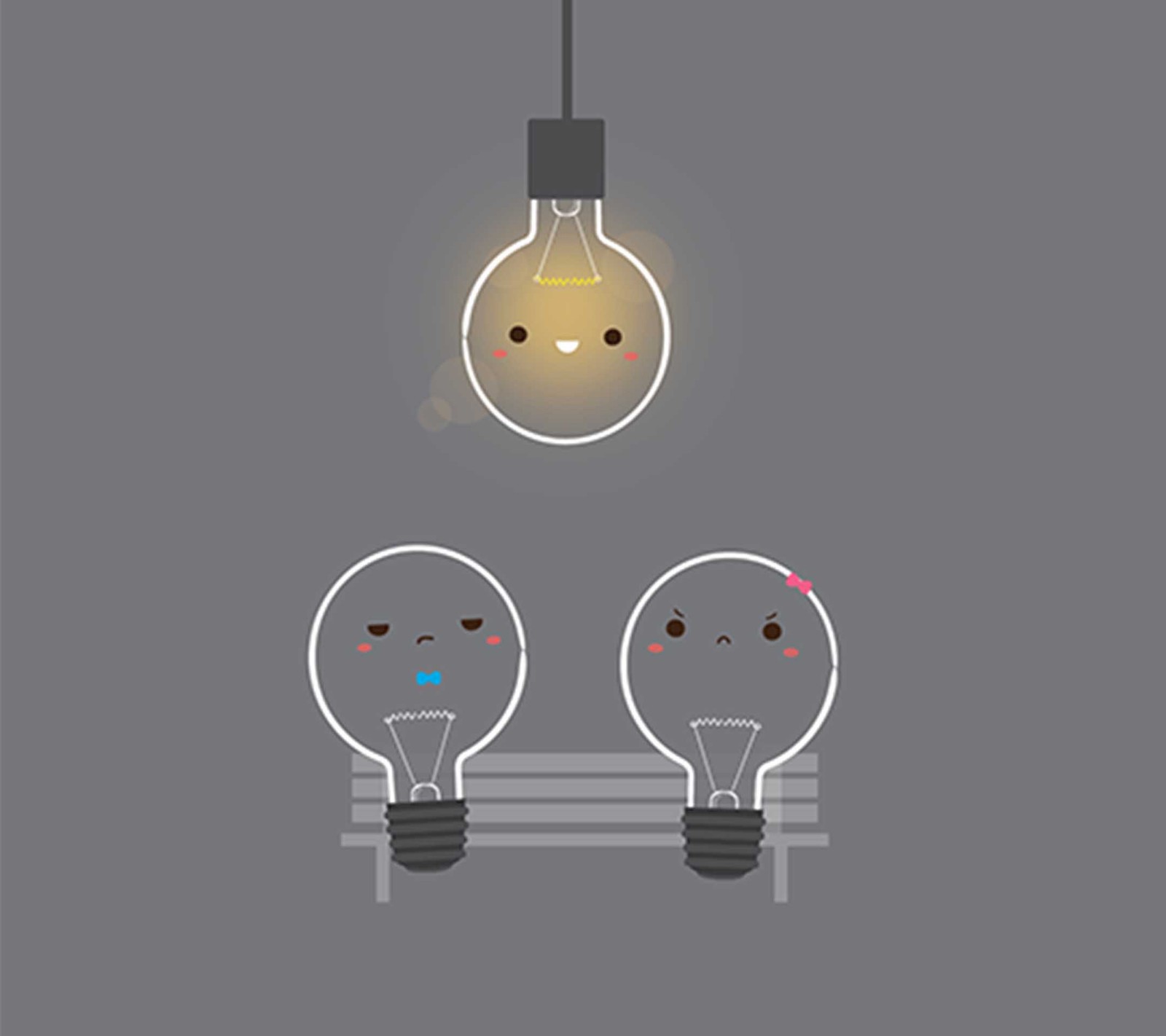 There are three light bulbs with faces on them hanging from a wire (bulbs, dating)