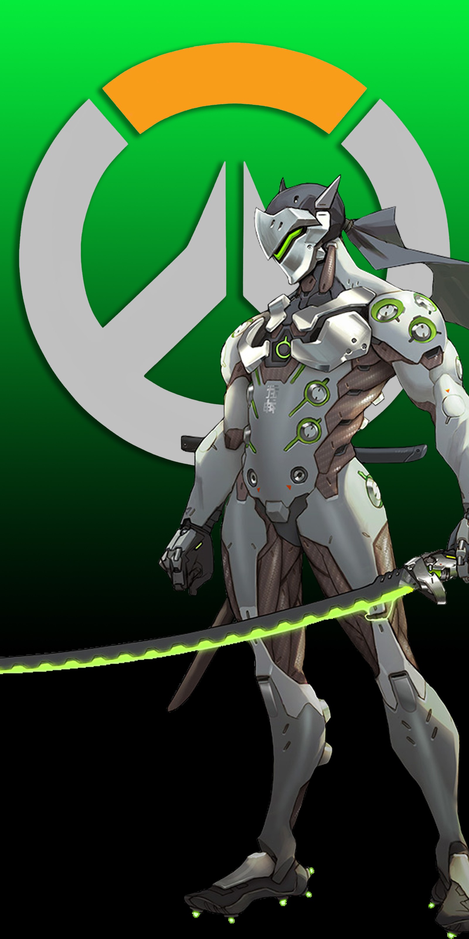 A close up of a person with a sword and a green background (genji, over, overwatch, watch)