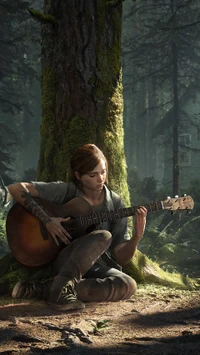 Ellie jouant de la guitare dans une forêt sereine