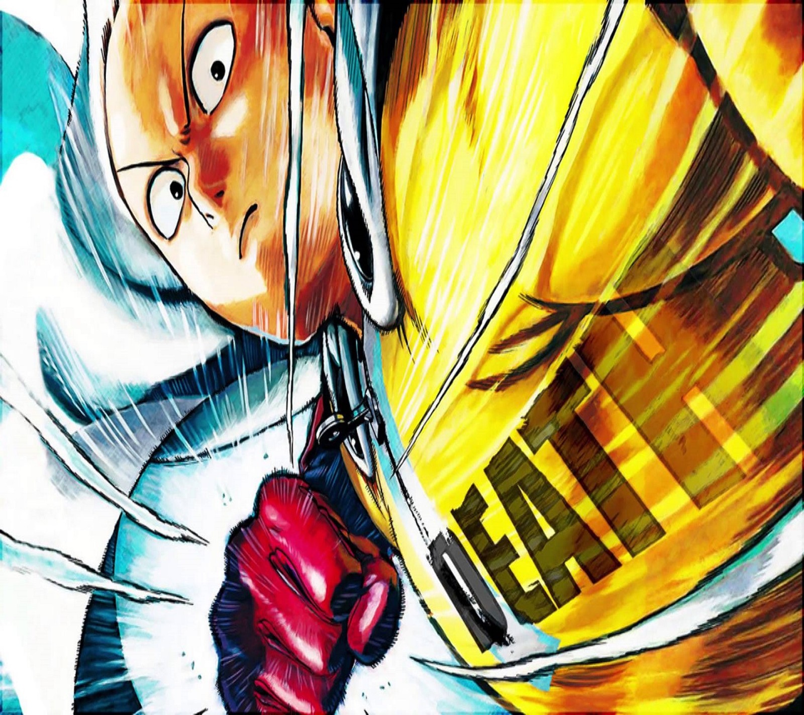 Personaje de anime con casco amarillo y guantes rojos sosteniendo un trofeo amarillo (muerte, golpe, one punch man, puñetazo, saitama)