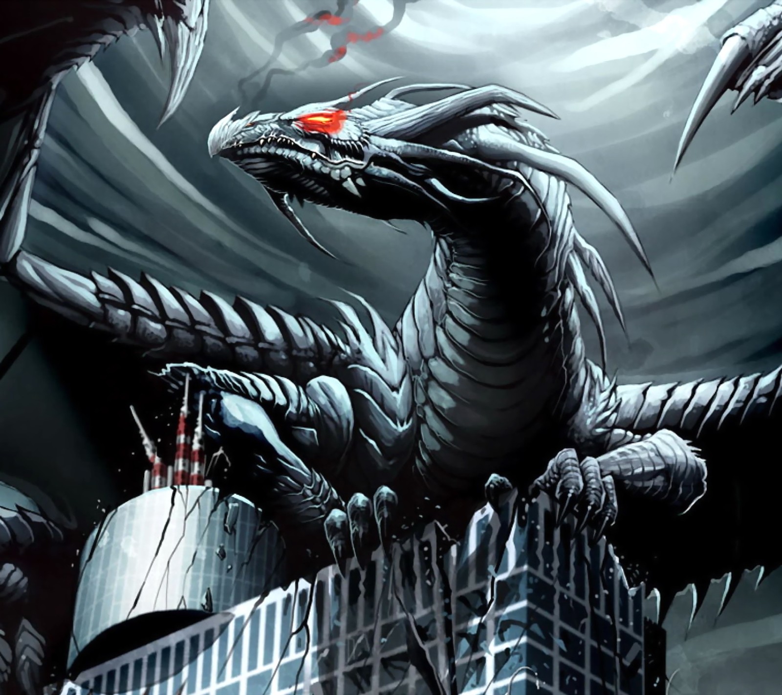 Godzilla looking at a building with a red eye and a giant dragon (art, design, fantasy, painting)